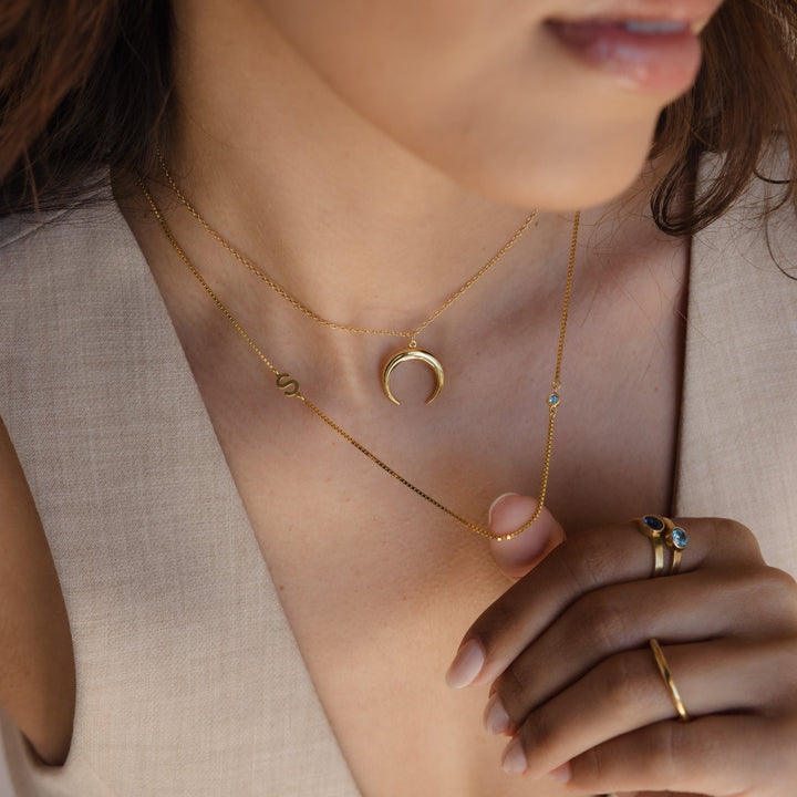 Custom Birthstone Initial Necklace in Box Chain