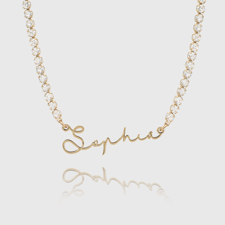 Gold "Sophia" name necklace with diamond chain.