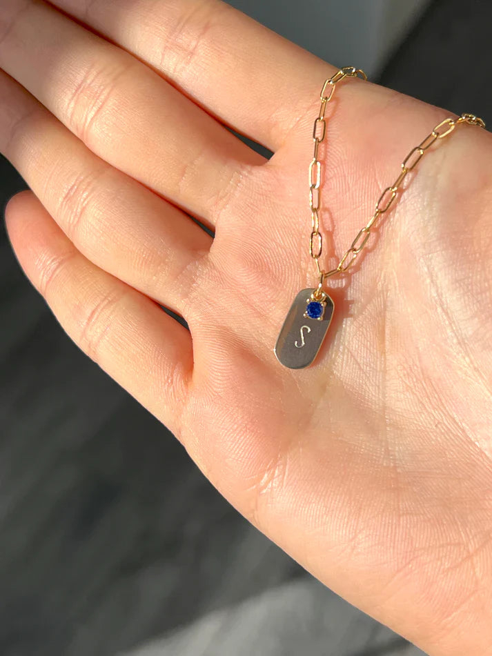 Initial Tag Necklace With Birthstone